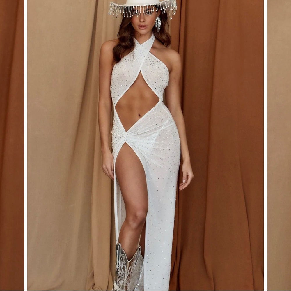 12th Tribe CHER WHITE RHINESTONE MAXI DRESS - festival Coachella dress